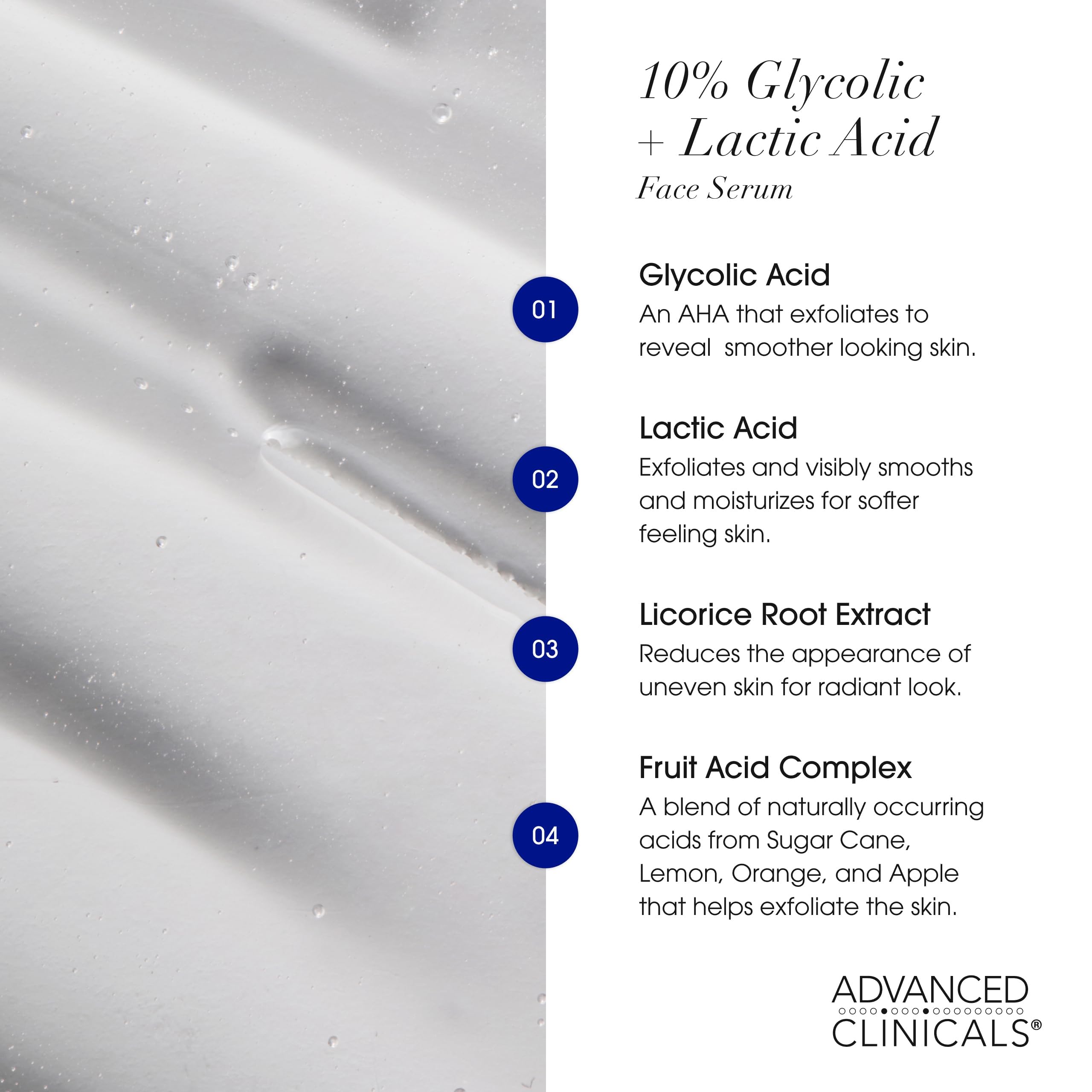 Advanced Clinicals 10% Glycolic + Lactic Acid Serum for Face — AHA + Salicylic Exfoliant, 1.75 oz