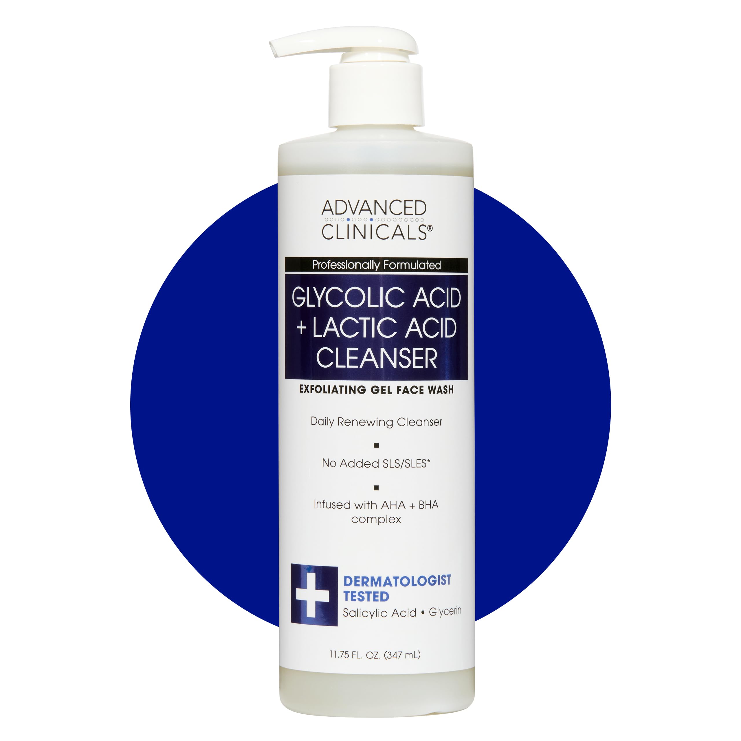 Advanced Clinicals Glycolic & Lactic Acid Exfoliating Face Wash – Gentle Daily Cleanser for Smooth, Radiant Skin | 11.75 fl oz