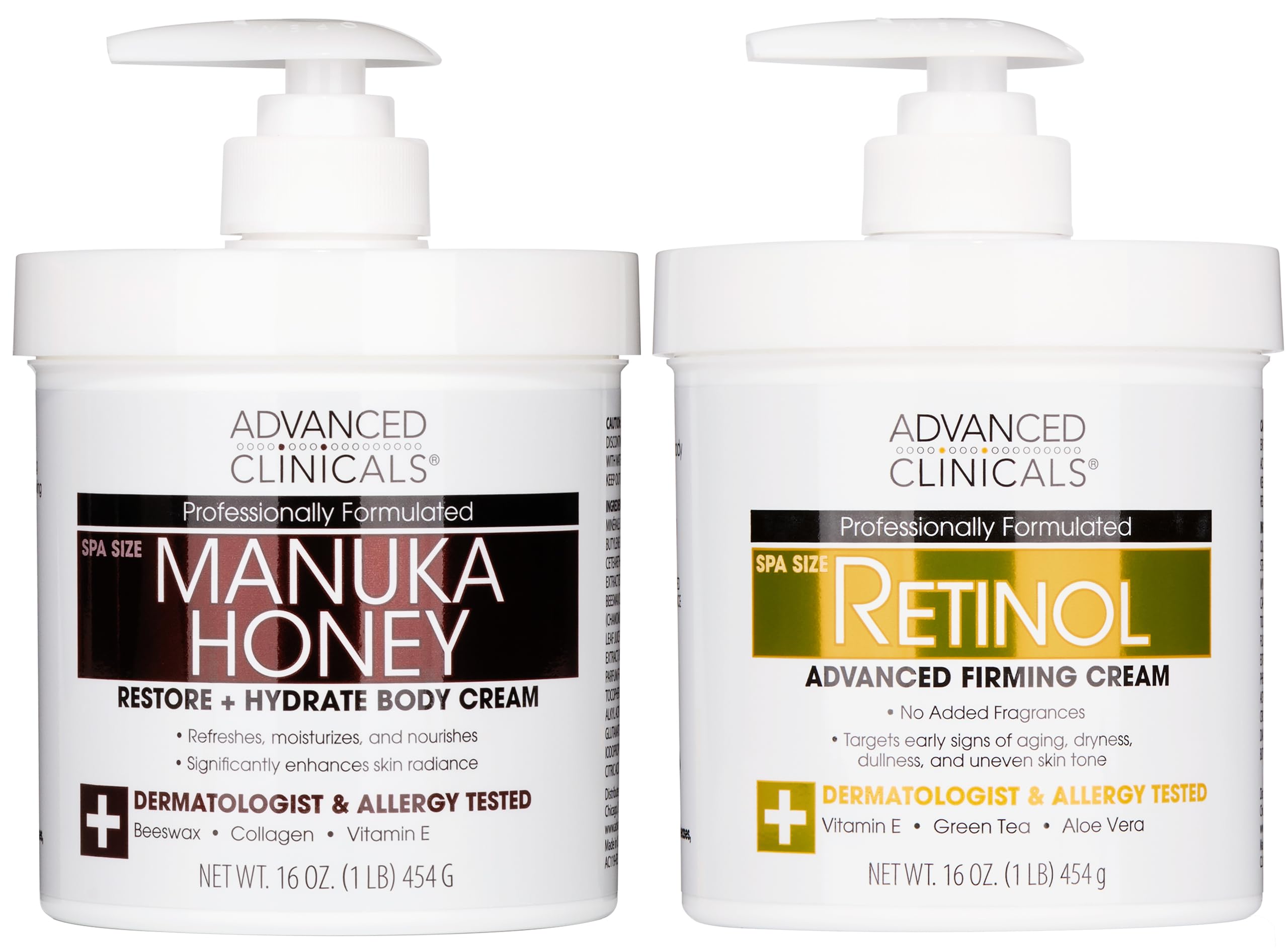 Advanced Clinicals Unscented Retinol Body Cream & Manuka Honey Body Lotion – 2pc Skincare Set