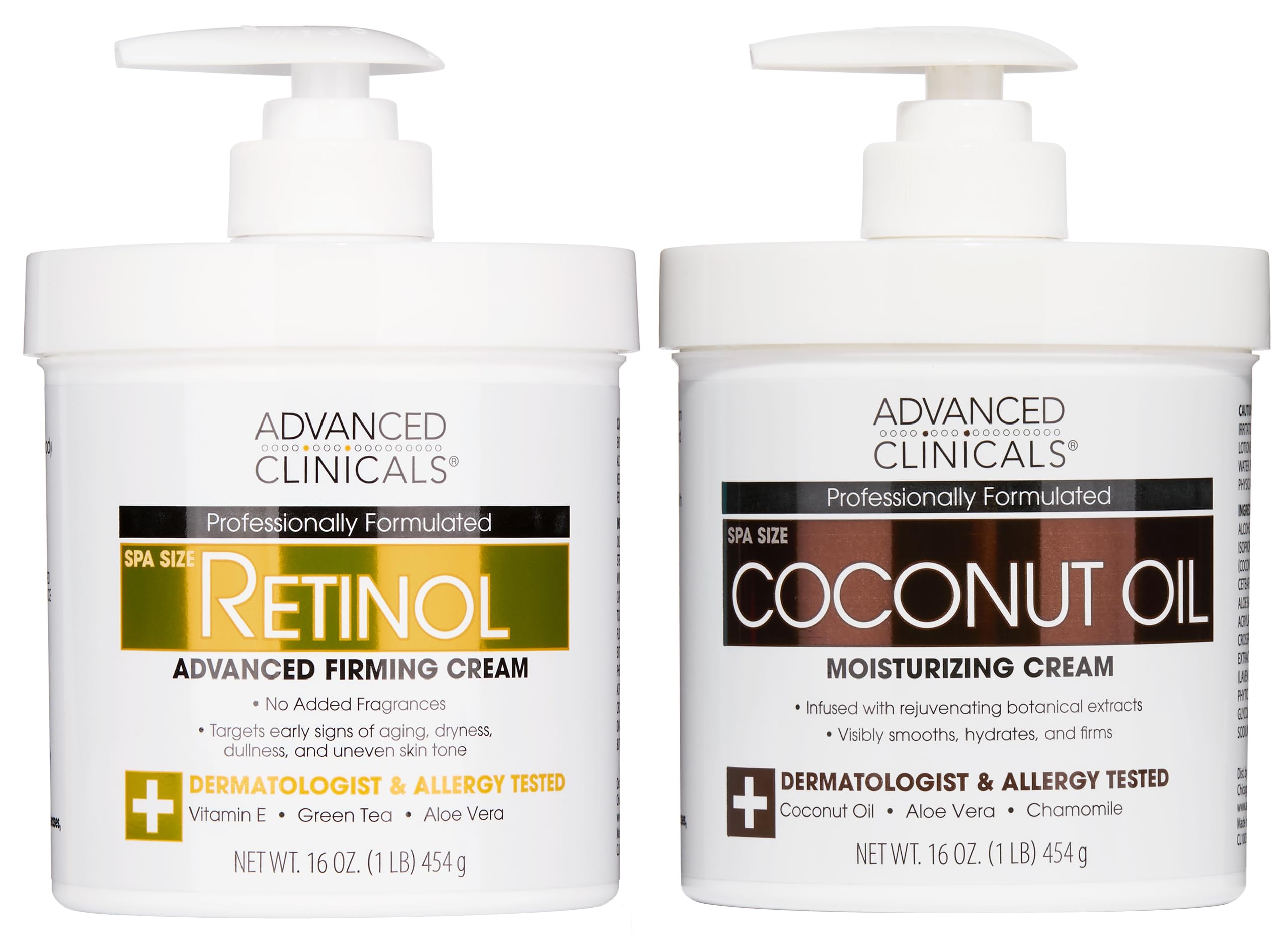Advanced Clinicals Unscented Retinol Body Cream + Coconut Oil Body Lotion 2pc Set – Hydration, Firming, Crepey Skin