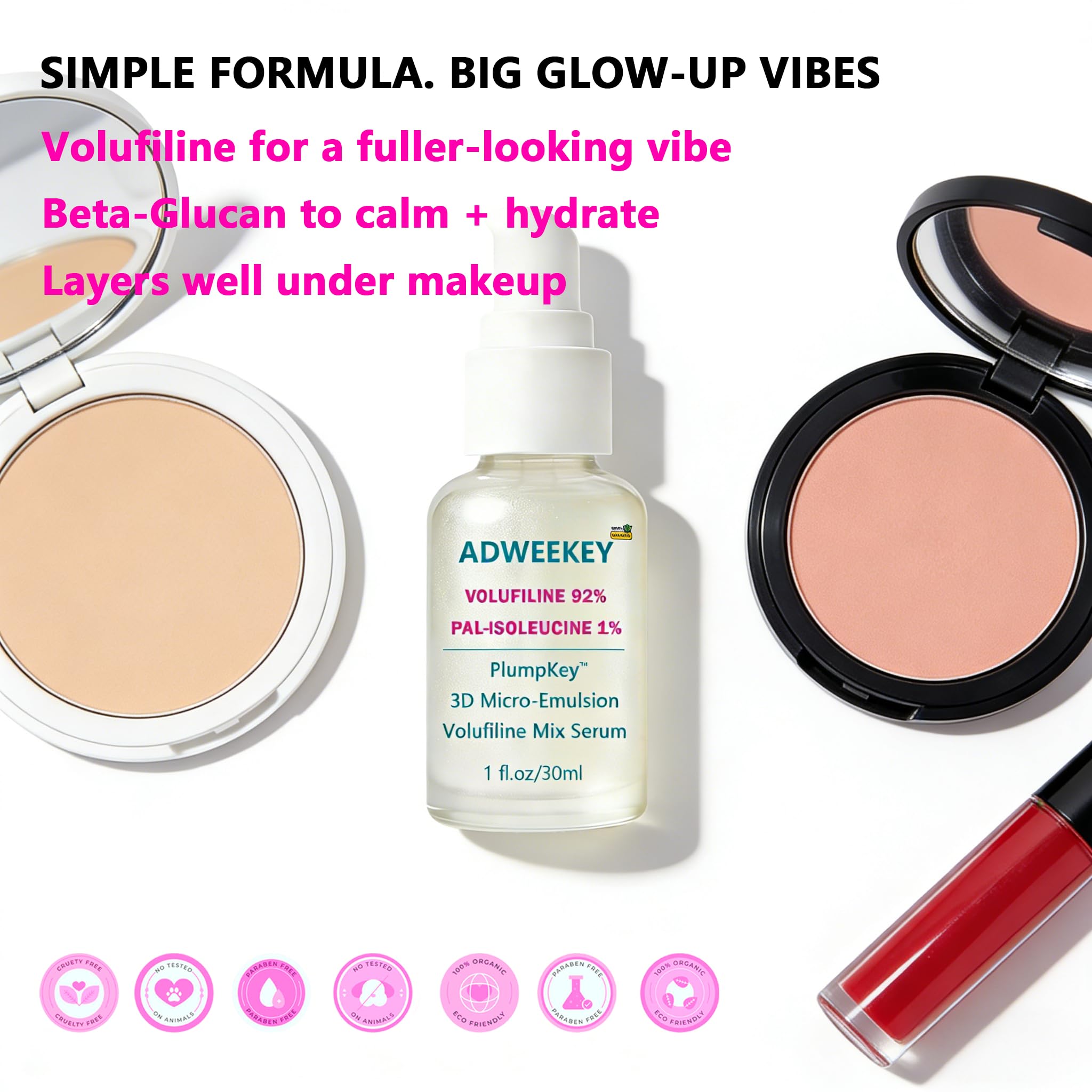 ADWEEKEY Volufiline 92% Serum with Beta-Glucan | PlumpKey 3D Micro-Emulsion, Pal-Isoleucine 1% | 1 oz / 30 mL Airless Pump