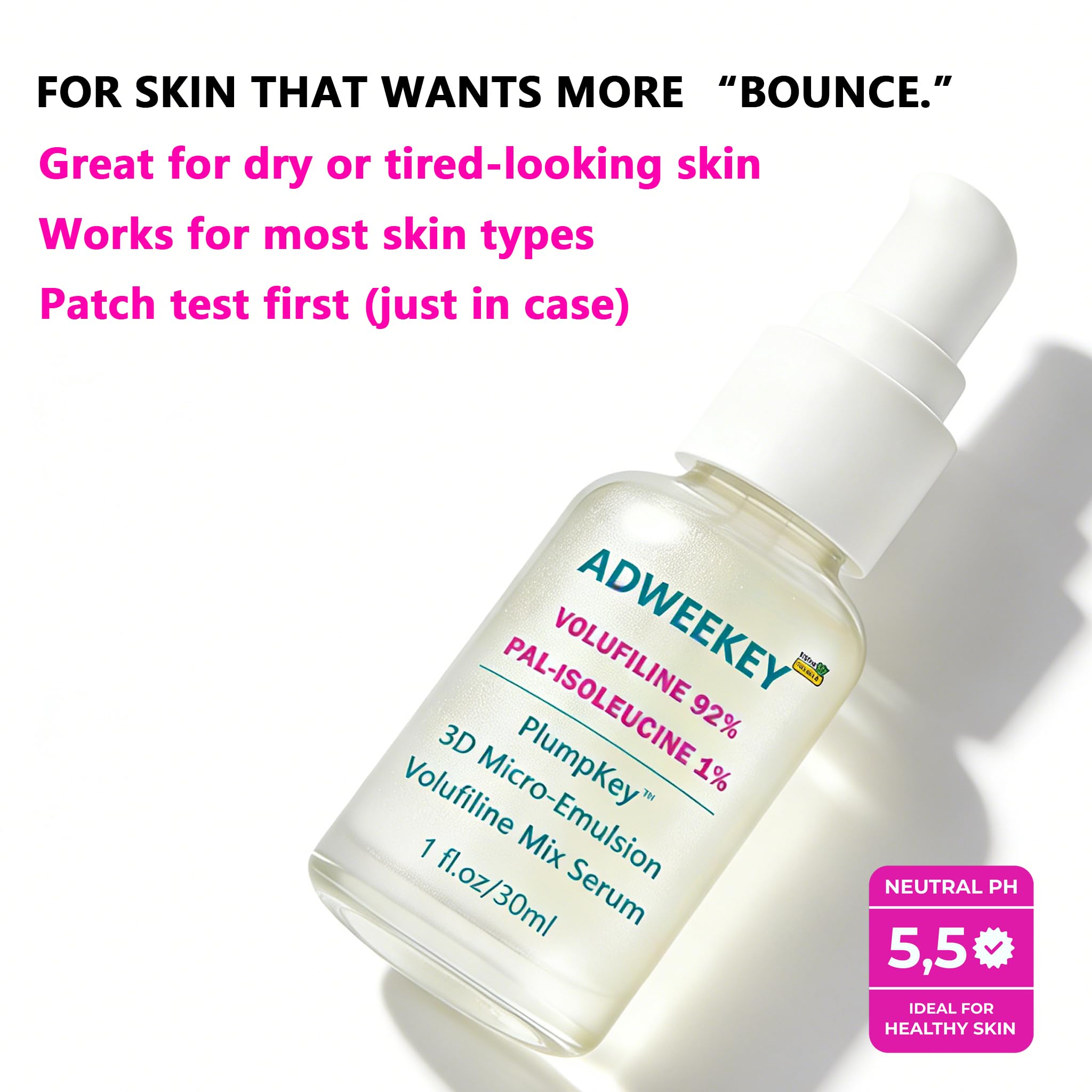 ADWEEKEY Volufiline 92% Serum with Beta-Glucan | PlumpKey 3D Micro-Emulsion, Pal-Isoleucine 1% | 1 oz / 30 mL Airless Pump