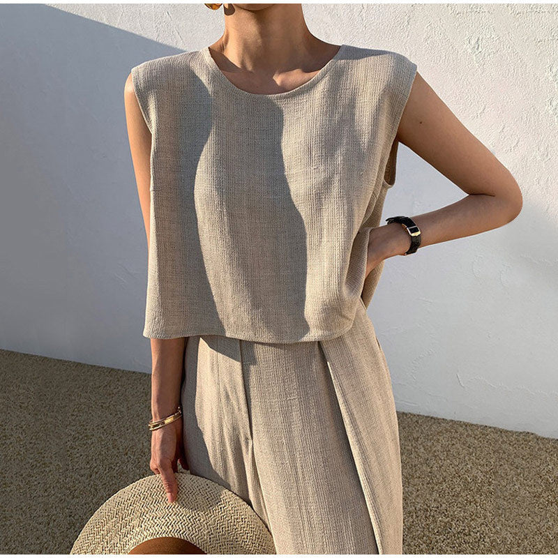 Cotton And Linen Casual Sleeveless Top Wide Leg Pants Two-piece Set