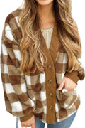 Brown Gingham Check Sherpa Cardigan V-Neck Button Down Banded Hem
