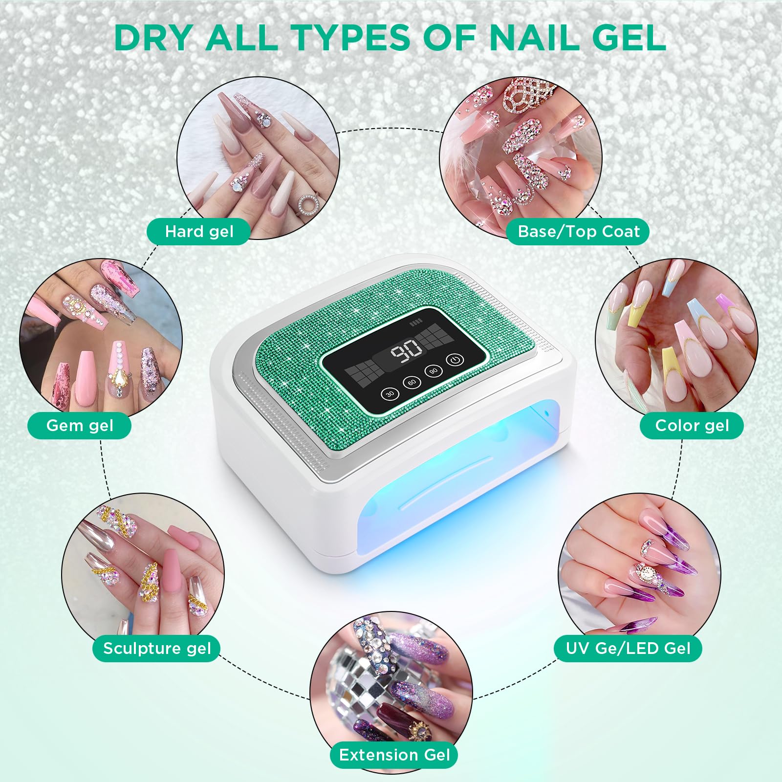 Aedavey Cordless Nail Lamp – Rechargeable Gel Nail Light with 4 Timer Modes | Sparkly Green Diamond