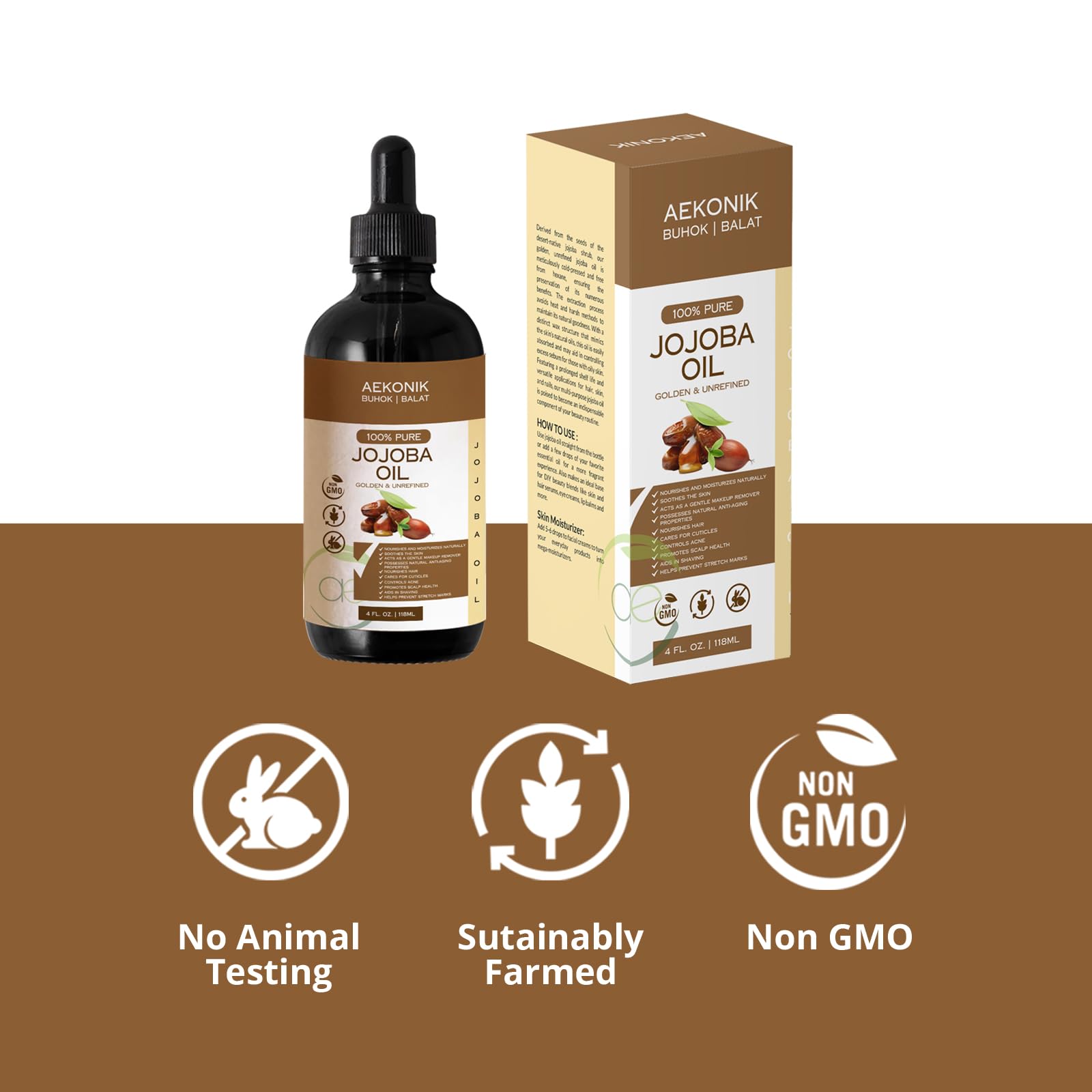 AEKONIK Organic Cold-Pressed Jojoba Oil — Hydrating Skincare for Skin, Hair & Body | Non-GMO, Vegan & Cruelty-Free | 118 ml
