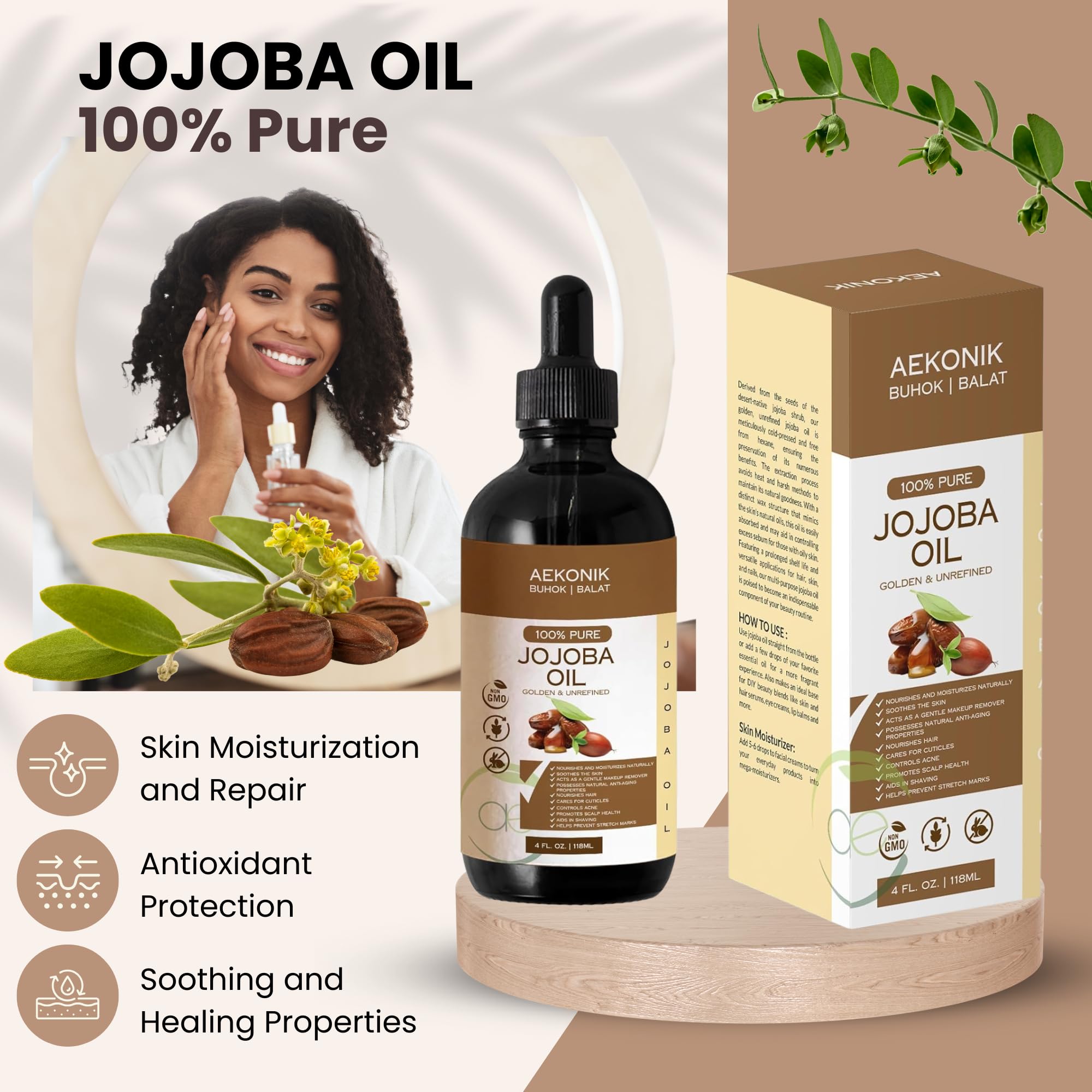 AEKONIK Organic Cold-Pressed Jojoba Oil — Hydrating Skincare for Skin, Hair & Body | Non-GMO, Vegan & Cruelty-Free | 118 ml