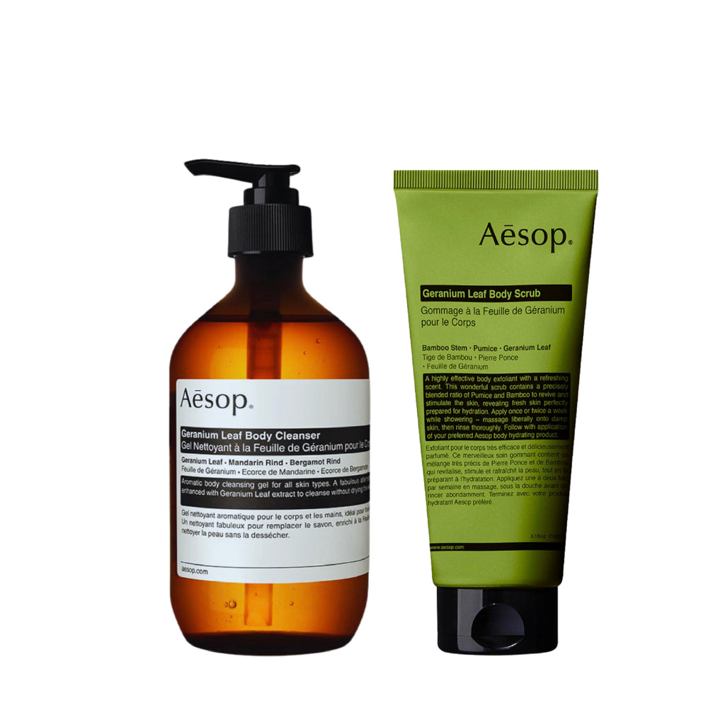 Aesop Geranium Leaf Body Cleanser + Scrub | 16.9 oz + 6.2 oz Duo