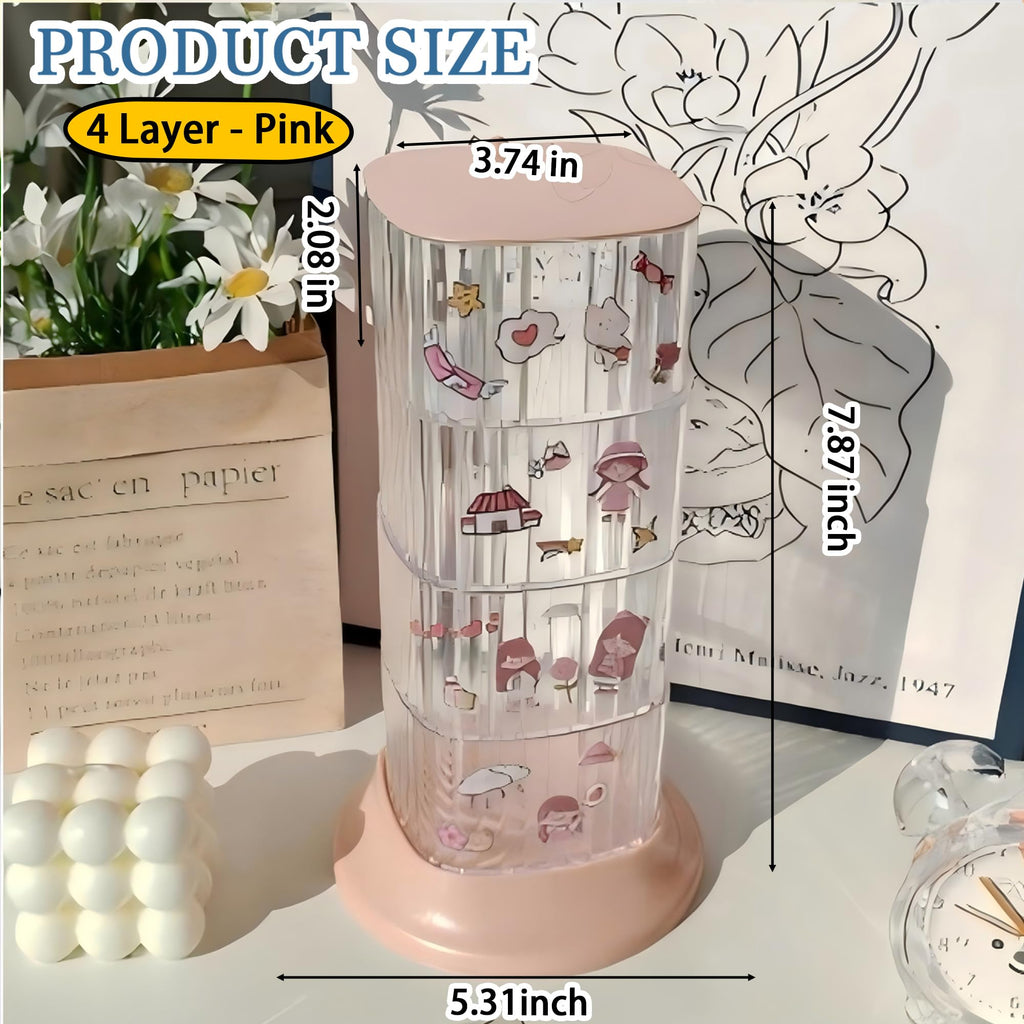 AevumTech Hair Accessory Organizer — 4-Layer Rotating Clear Storage (Pink)