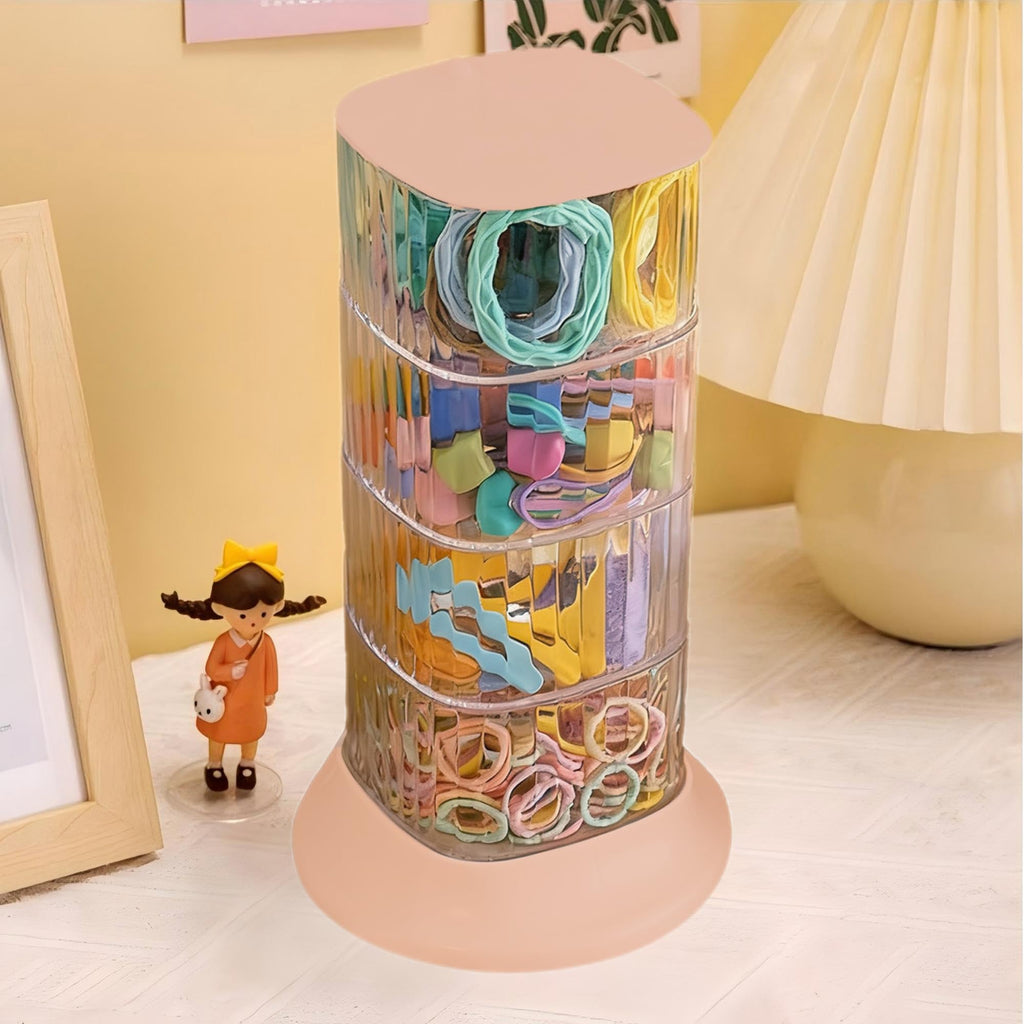 AevumTech Hair Accessory Organizer — 4-Layer Rotating Clear Storage (Pink)