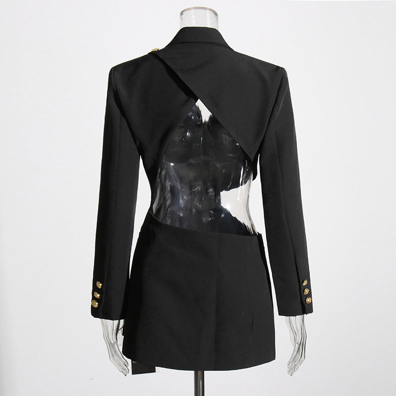 Winter Hollowed Out Backless Asymmetrical Black Slim Coat For Women