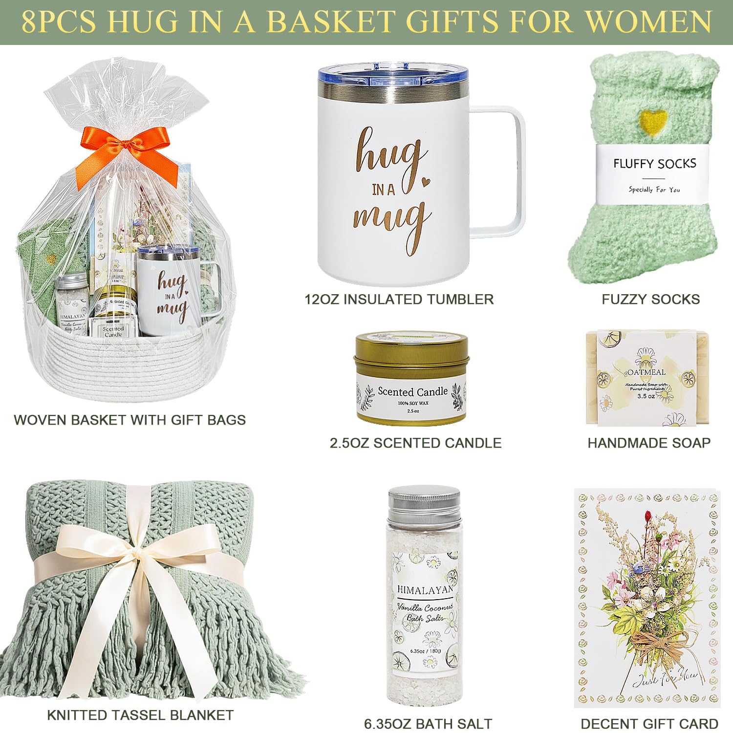 AFKLMNE 8 Pcs Gift Basket for Women — Sage Green Self-Care Spa Set