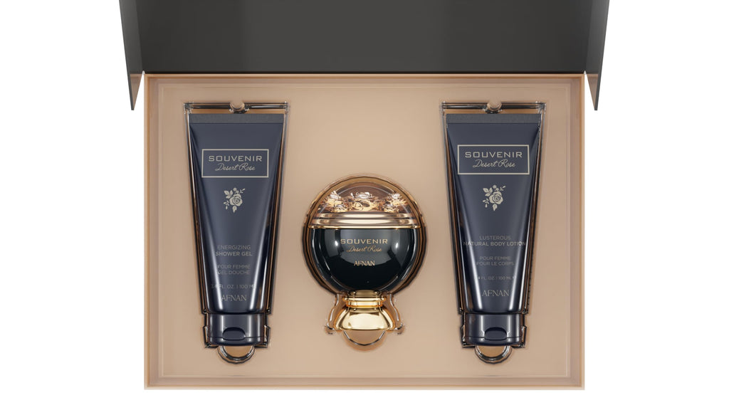 Afnan Souvenir Desert Rose Gift Set – Eau de Parfum, Body Lotion & Shower Gel | Luxurious Unisex Fragrance