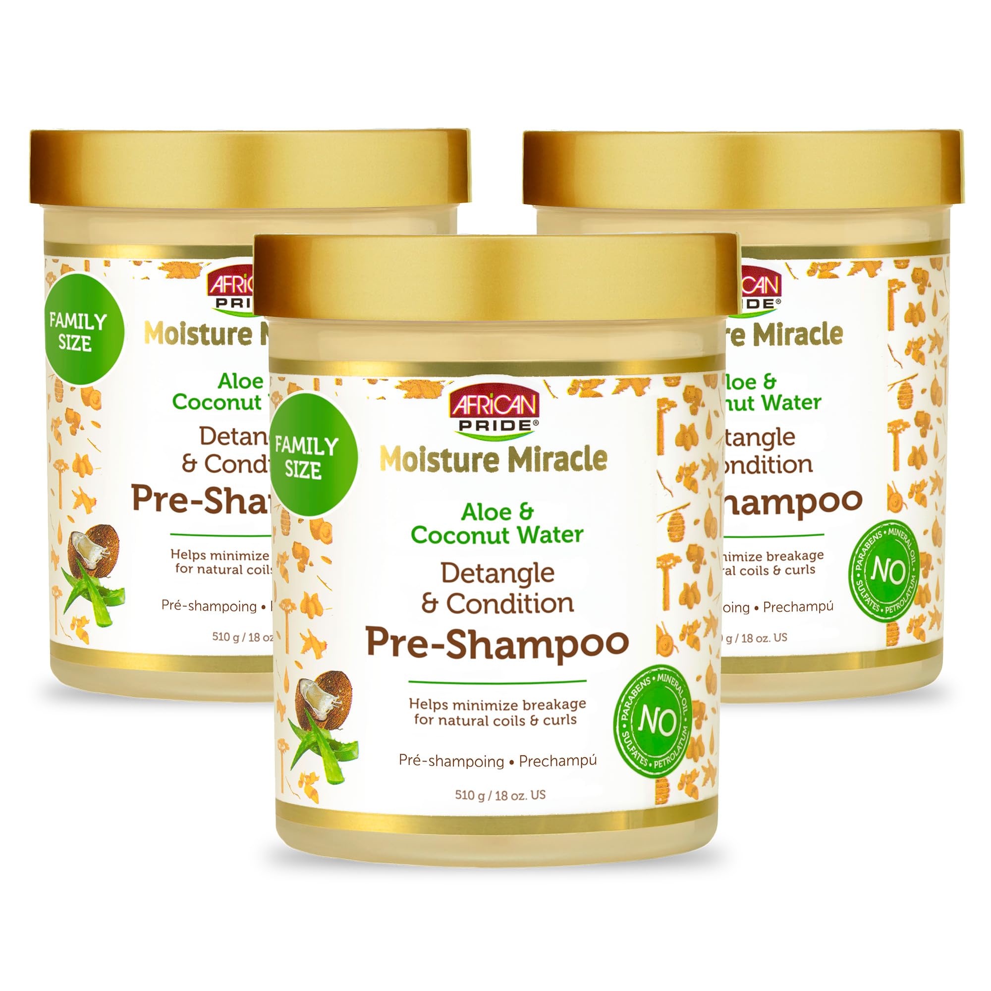 African Pride Moisture Miracle Pre-Shampoo Detangler with Aloe & Coconut Water (3 Pack) – Hydration, Slip & Gentle Detangling for Natural Curls | 18 oz
