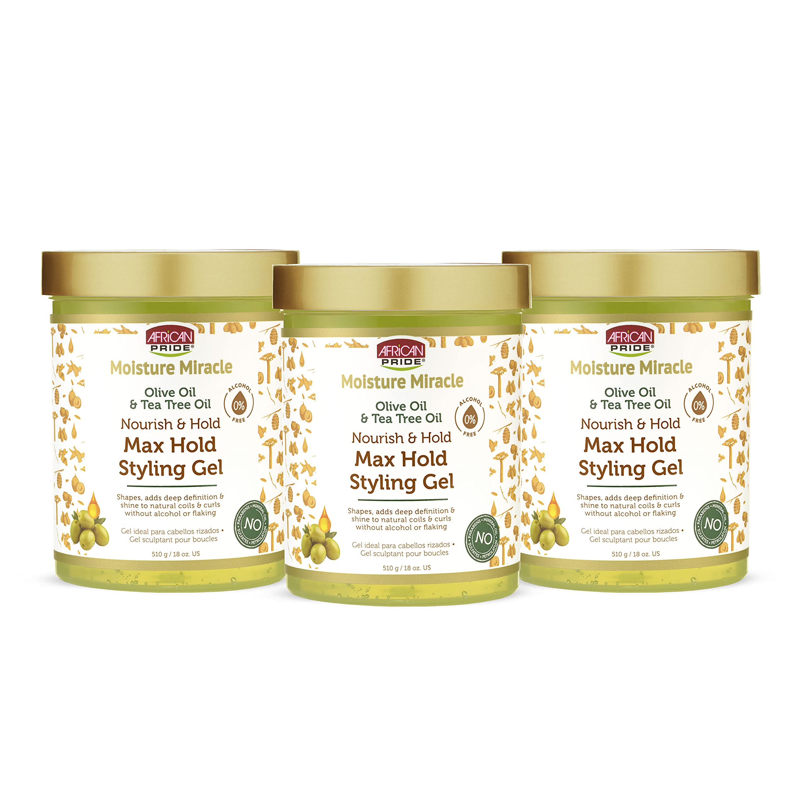 African Pride Moisture Miracle Olive & Tea Tree Oil Max Hold Styling Gel (3 Pack) – 18 oz