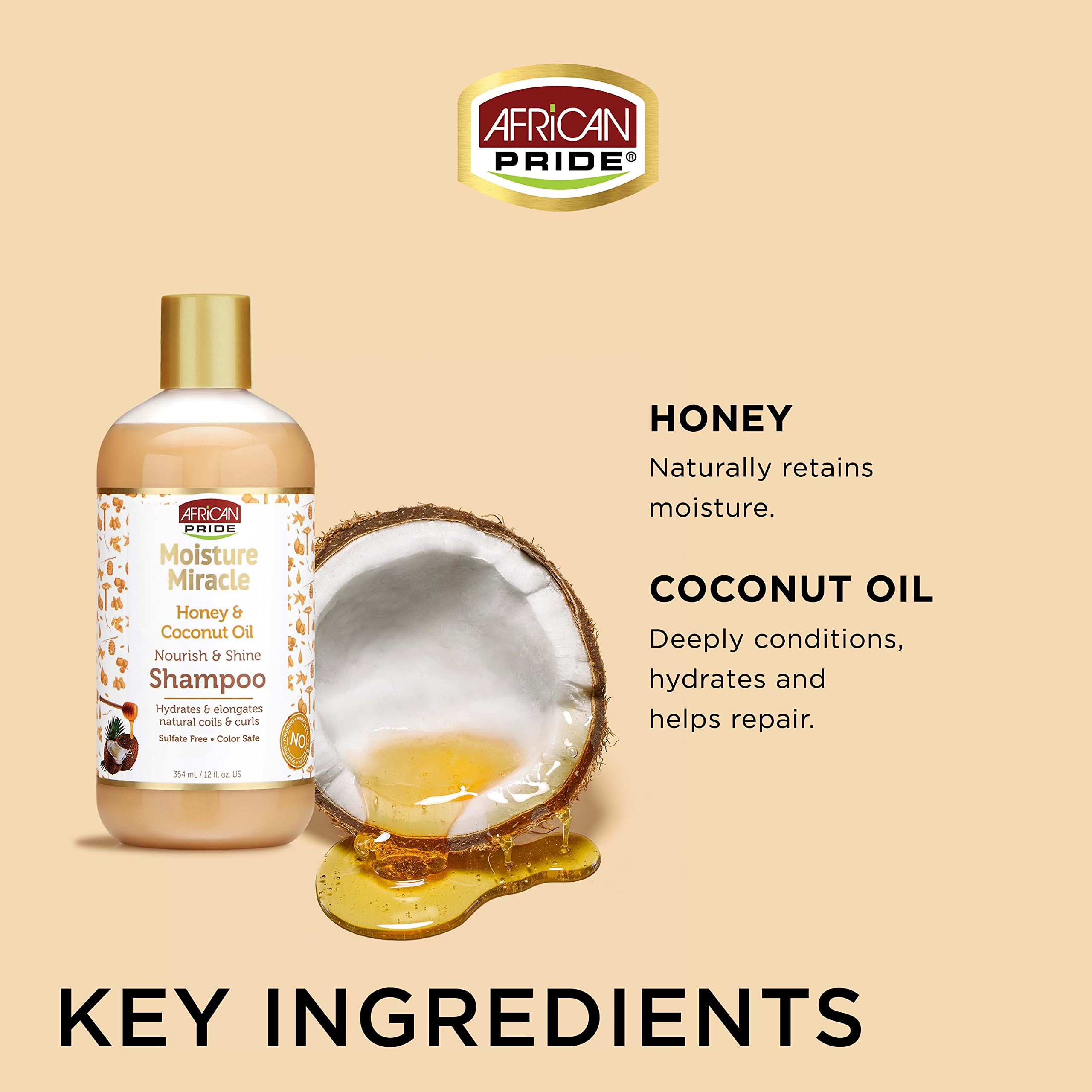 African Pride Moisture Miracle Honey & Coconut Oil Shampoo – For Natural Coils & Curls, Sulfate Free, Color Safe, 12 oz (3 Pack)