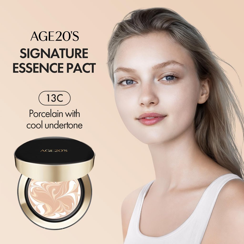 AGE 20's Signature Essence Pact SPF 50+ 13C Porcelain – Cream Foundation with Dewy Finish & Natural Coverage | Korean Cushion Foundation