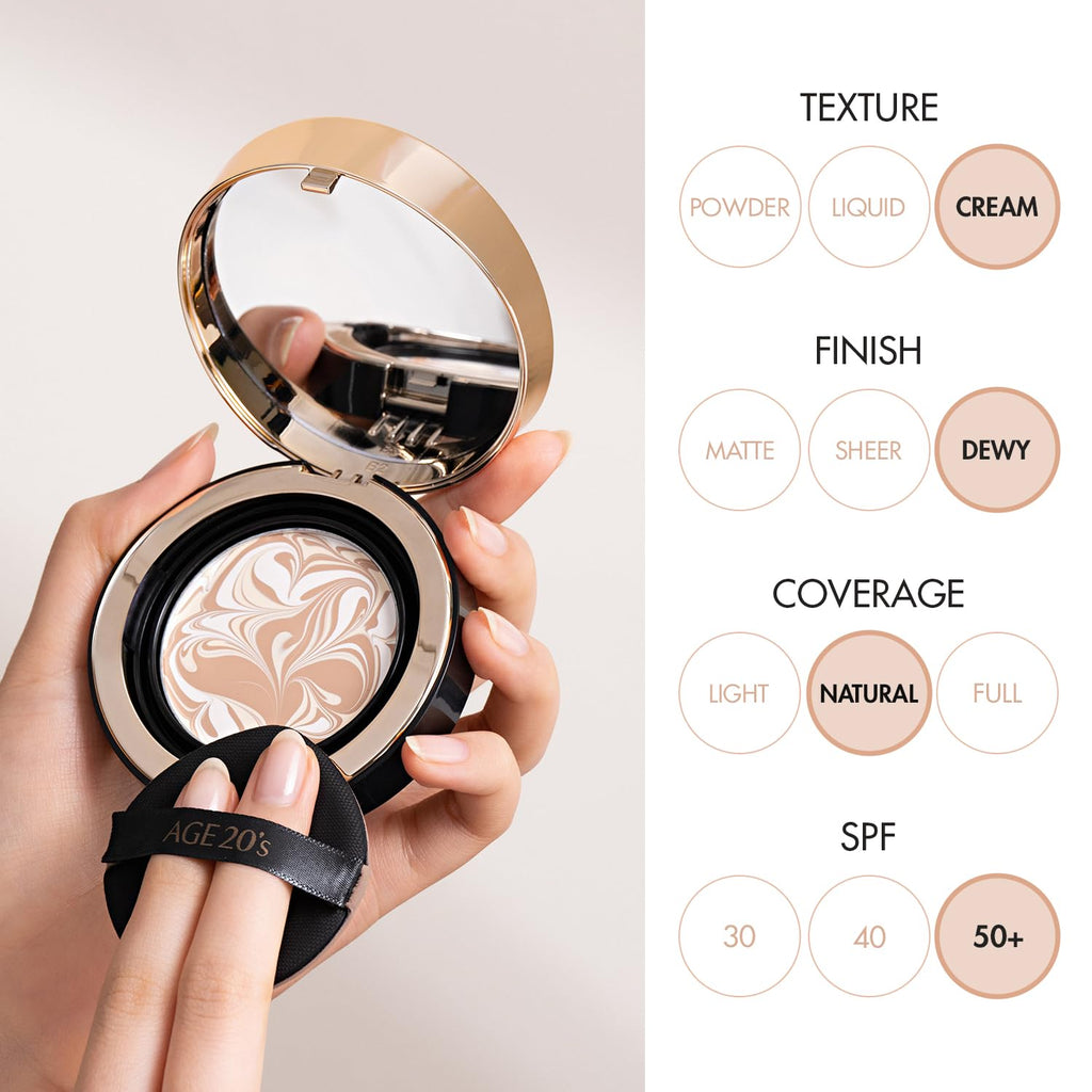 AGE 20's Signature Essence Pact SPF 50+ | Pack of 2 | 21N Vanilla – Cushion Foundation, Dewy Finish