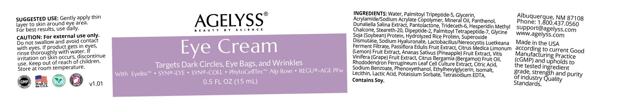Agelyss Restorative Eye Cream with Eyeliss™ — For Eye Bags, Dark Circles & Fine Lines | Paraben-Free, Vegan, Cruelty-Free – 0.5 fl oz