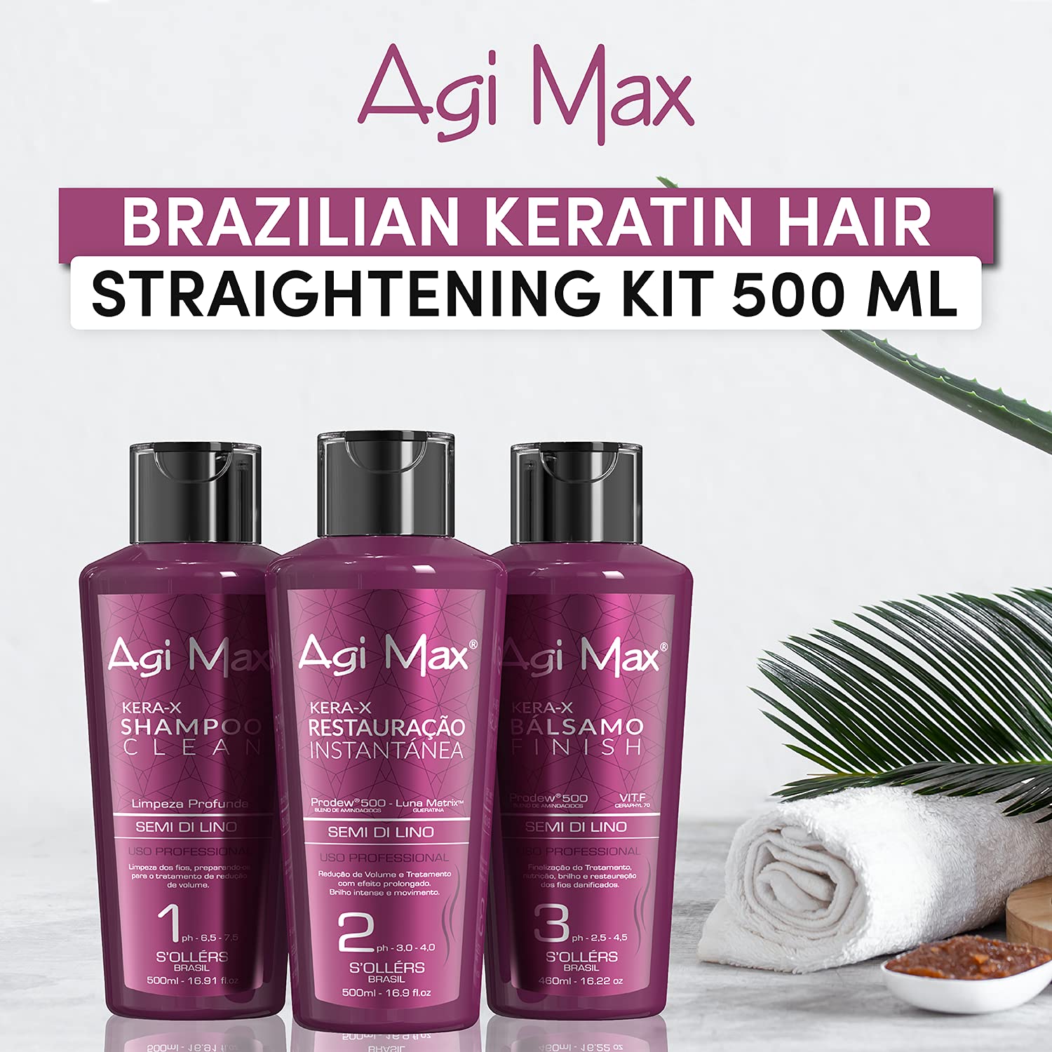 Agi Max Brazilian Keratin Hair Treatment Kit – 3 Steps, 1L, Frizz & Curl Control