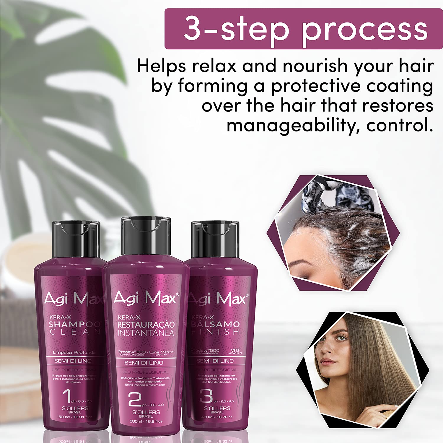 Agi Max Brazilian Keratin Hair Treatment Kit – 3 Steps, 1L, Frizz & Curl Control