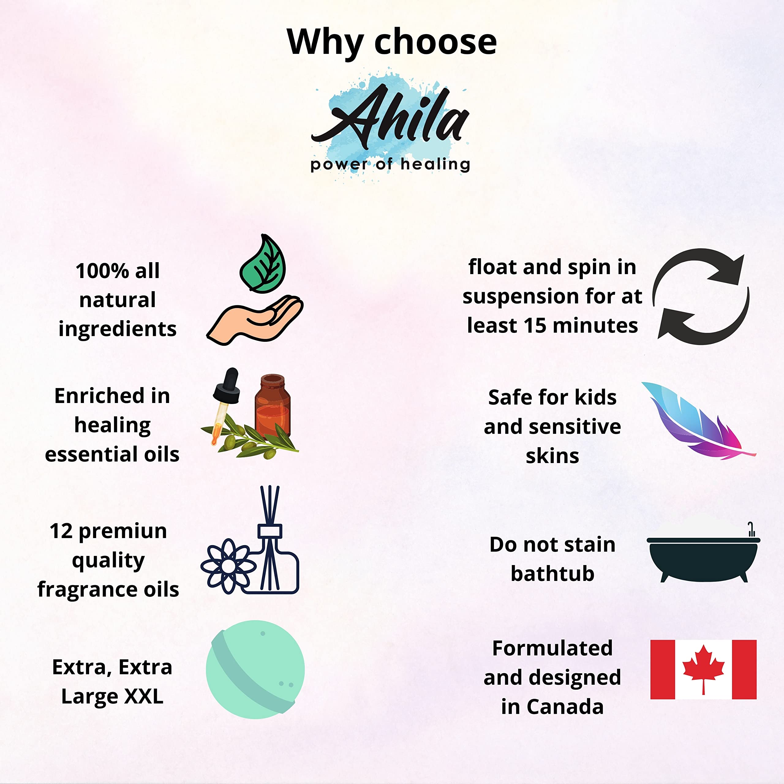 Ahila Power of Healing 12 XXL Bath Bombs Gift Set – Premium Aromatherapy, Long-Lasting Fizz, Canada Design