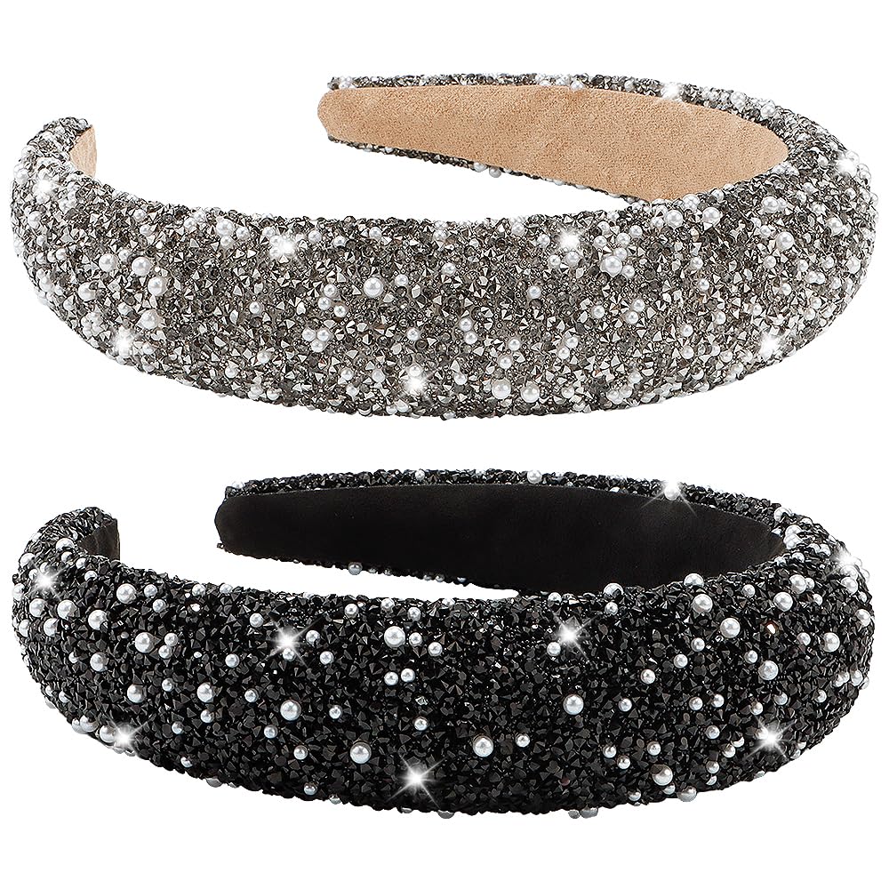 AHONEY 2 Pack Rhinestone Headband – Glitter Sequin Pearl Hair Accessories for Women & Girls (Black & Grey)