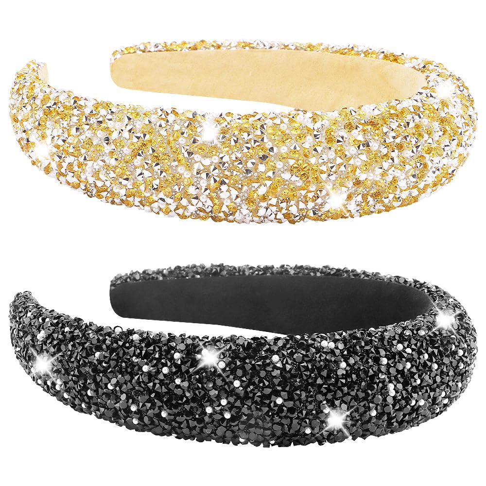 AHONEY 2 Pack Rhinestone Headbands – Padded Glitter Hair Accessories, Black & Gold