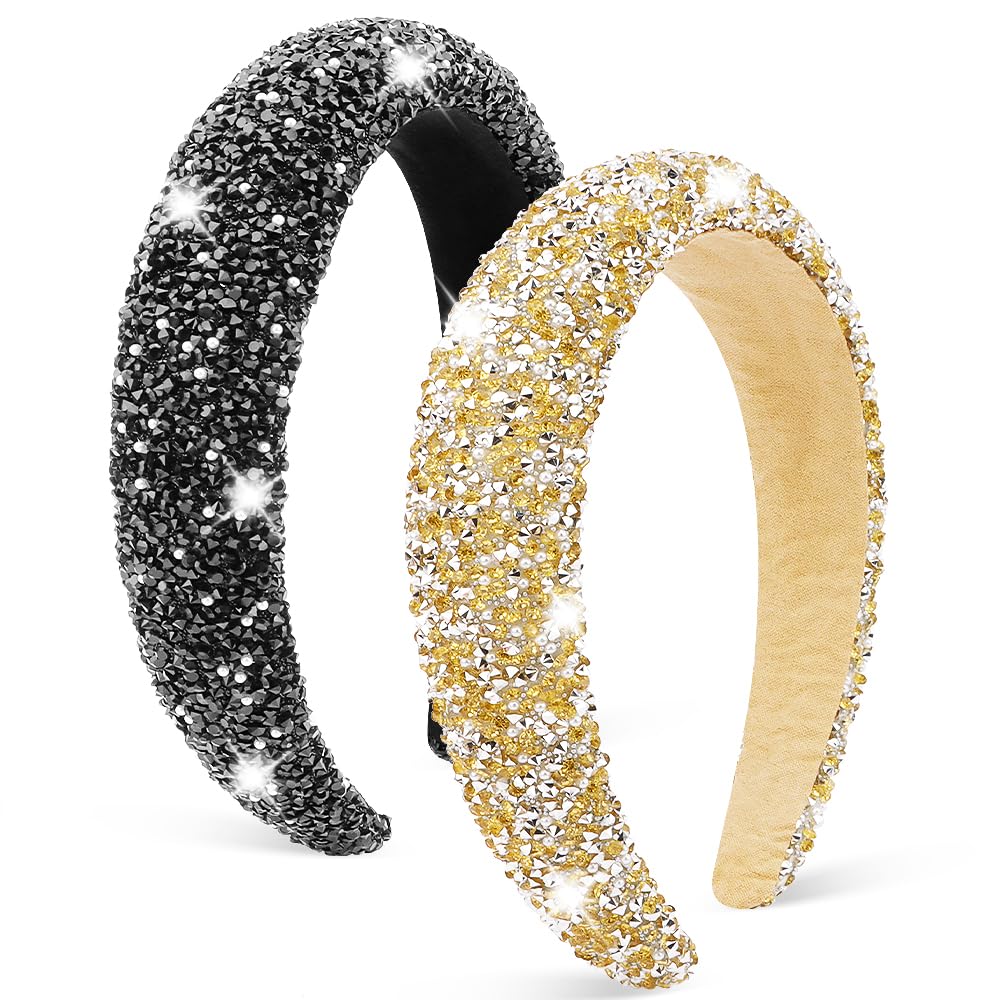 AHONEY 2 Pack Rhinestone Headbands – Padded Glitter Hair Accessories, Black & Gold