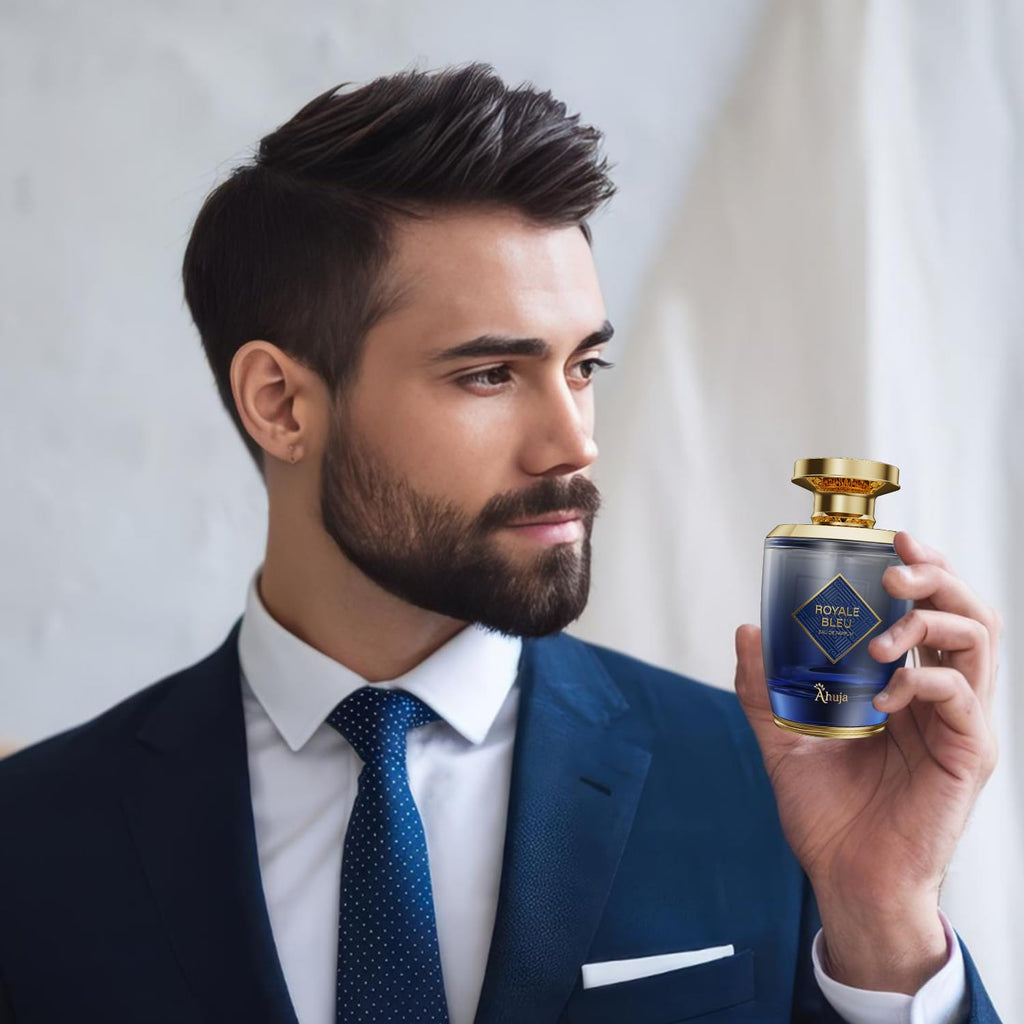AHUJA Royal Bleu Eau de Parfum for Men – Long-Lasting Citrus, Ginger & Grapefruit with Woody Base | 3.4 oz