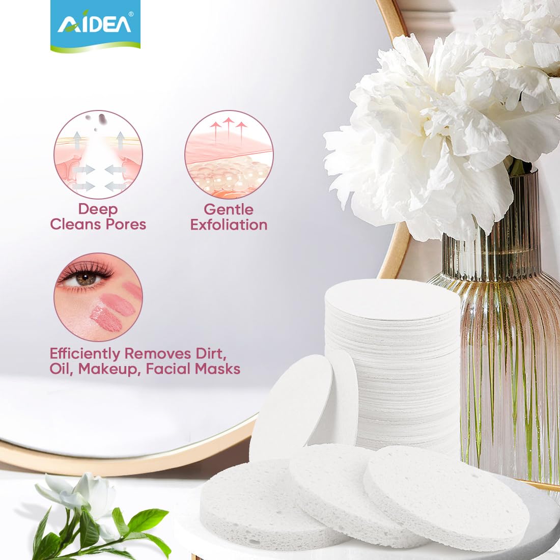 AIDEA Compressed Facial Sponges – 96-Count White Round Cellulose Sponges for Cleansing & Exfoliation