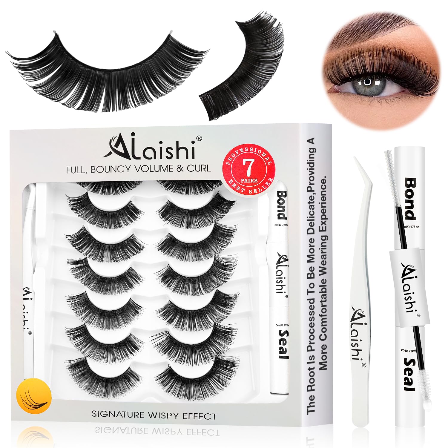 AILAISHI Fluffy False Eyelashes Kit – 7 Pairs with Bond, Seal & Tweezer | Natural Cat Eye Look