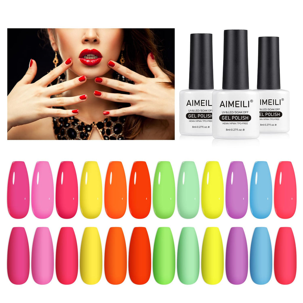 AIMEILI Hema Free Gel Nail Polish Set – 12 Neon Colors (Cruelty-Free, Vegan Gift Kit)