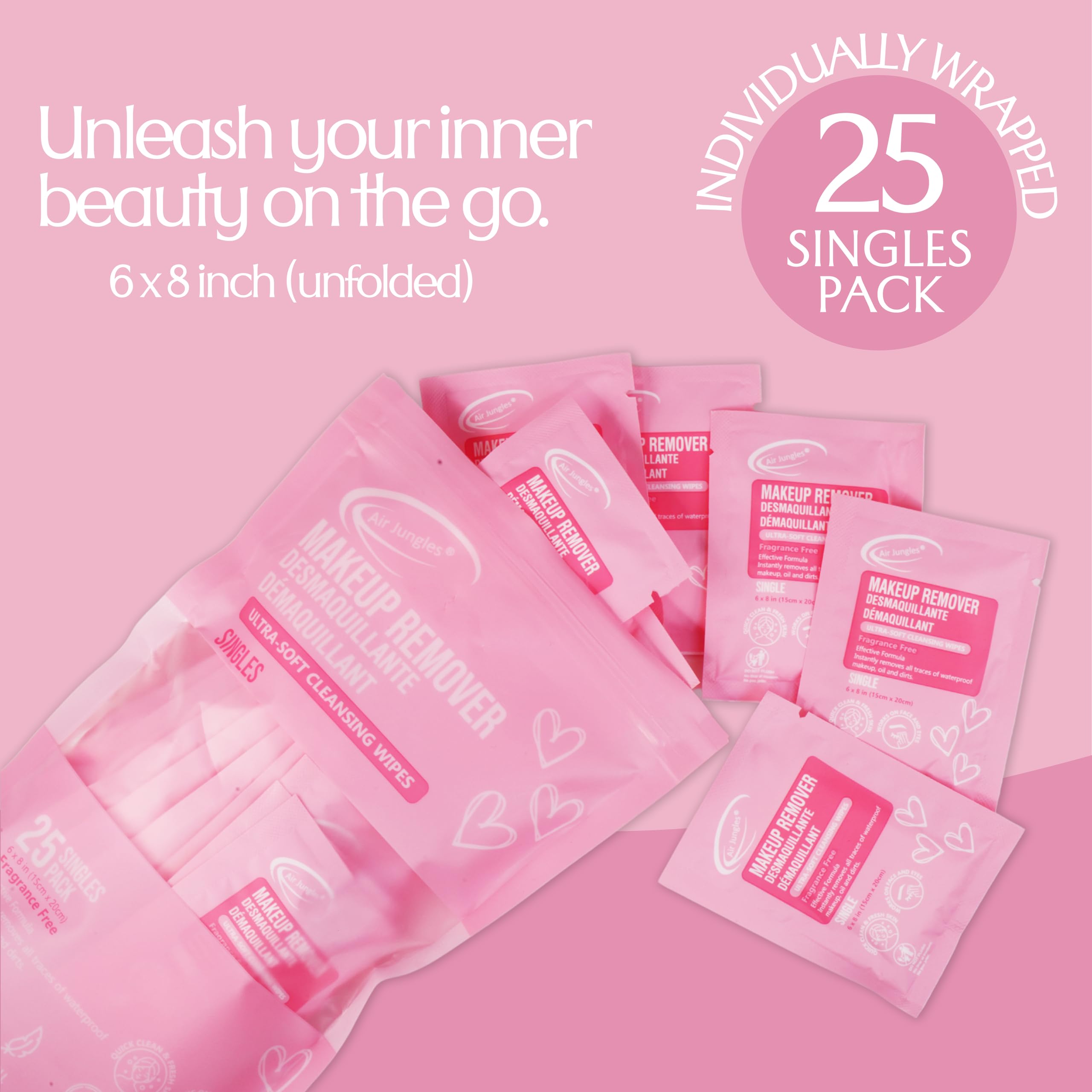 Air Jungles Makeup Remover Wipes – 25 Ct, Individually Wrapped, Travel Size, Vitamin E