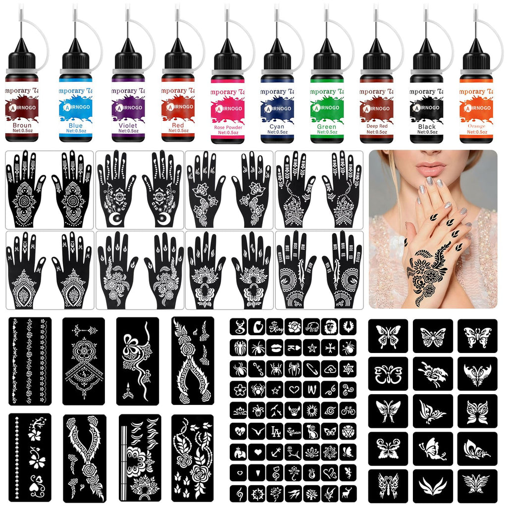 AIRNOGO Temporary Tattoo Kit – 10 Ink Colors, 86 Stencils, 8 Pairs Gloves for Kids & Adults