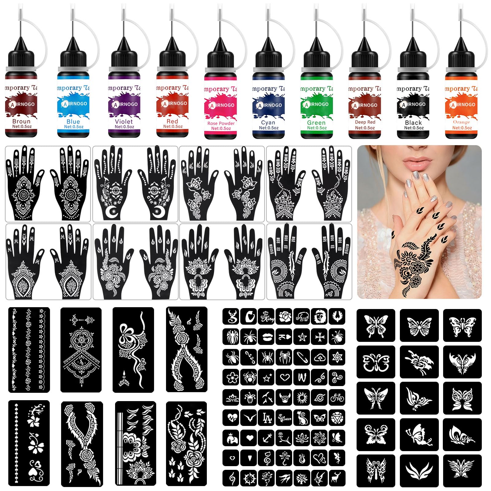 AIRNOGO Temporary Tattoo Kit – 10 Ink Colors, 86 Stencils, 8 Pairs Gloves for Kids & Adults