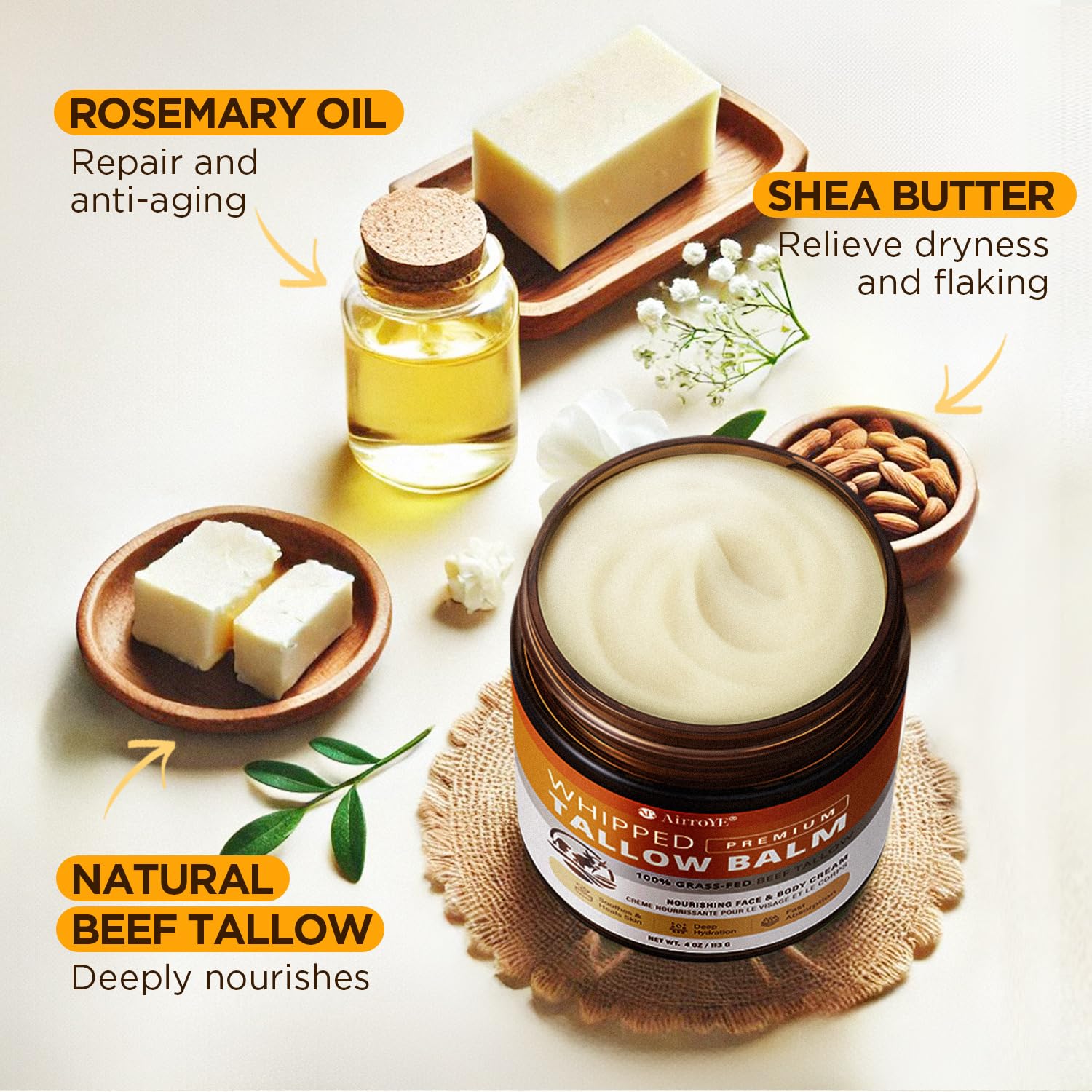 AirroYE Grass-Fed Beef Tallow Moisturizer – Unscented Whipped Balm for Skin 4oz