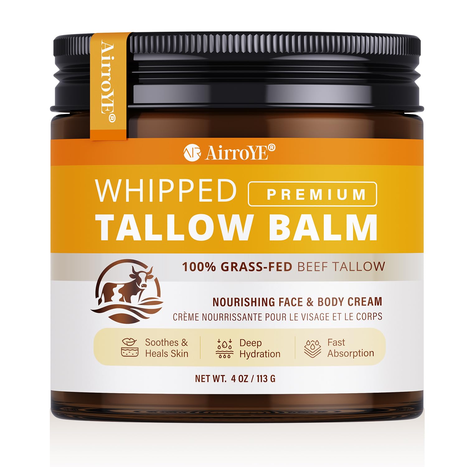 AirroYE Grass-Fed Beef Tallow Moisturizer – Unscented Whipped Balm for Skin 4oz