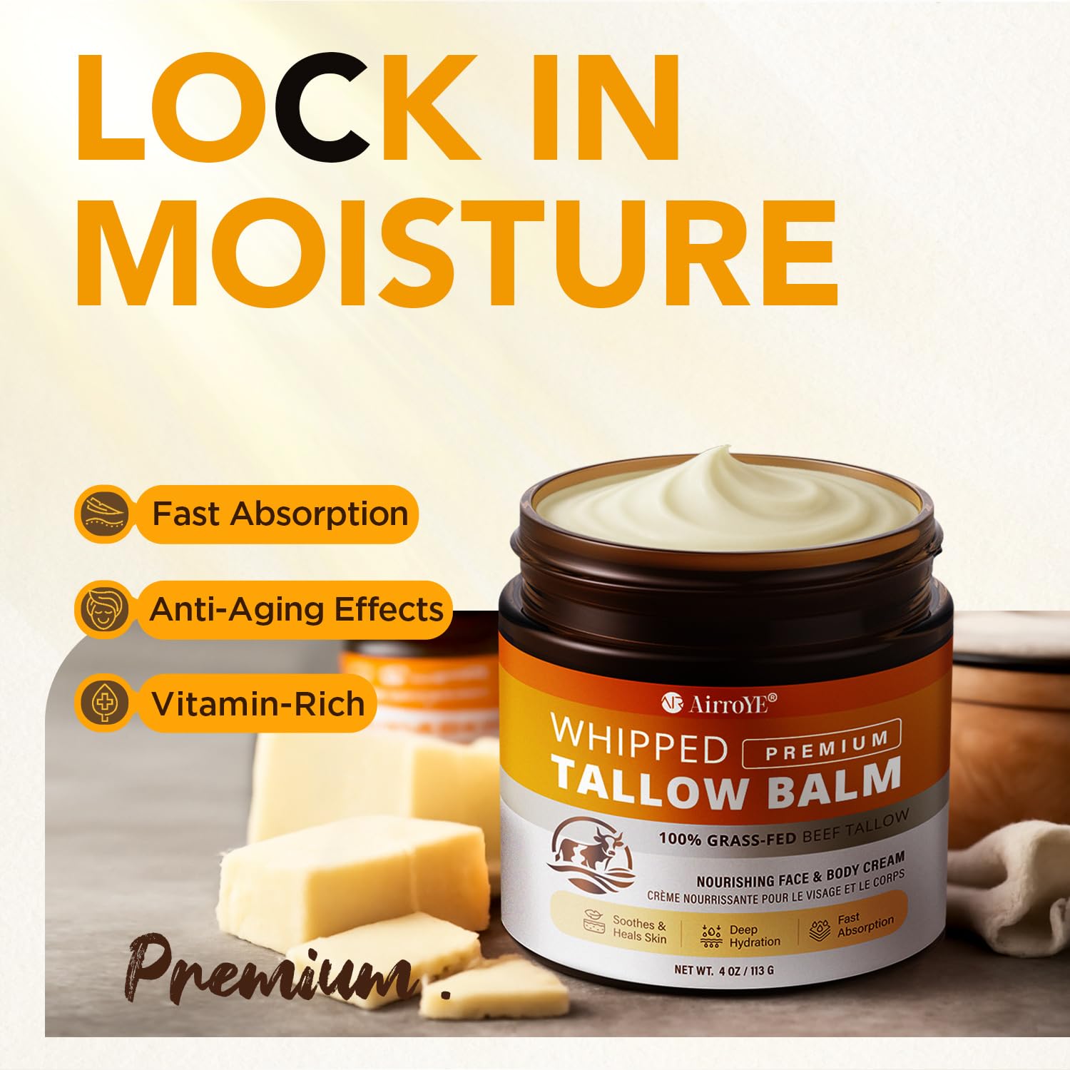 AirroYE Grass-Fed Beef Tallow Moisturizer – Unscented Whipped Balm for Skin 4oz