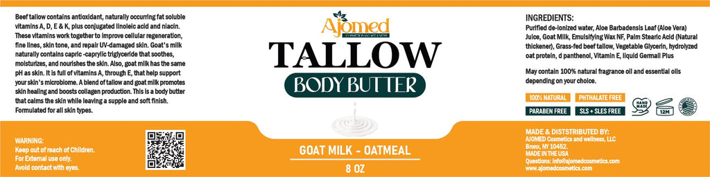 AJOMED COSMETICS Tallow & Goat Milk Body Butter – Natural Moisturizing Cream (Unscented)