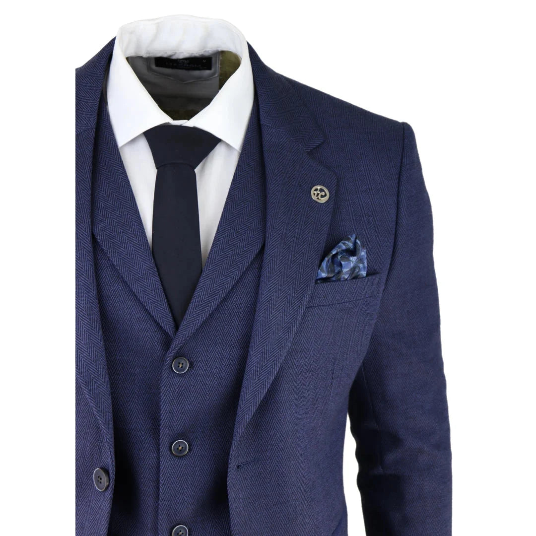 AK-04 - Men's Herringbone Tweed 3 Piece Blue Suit Wedding Blinders