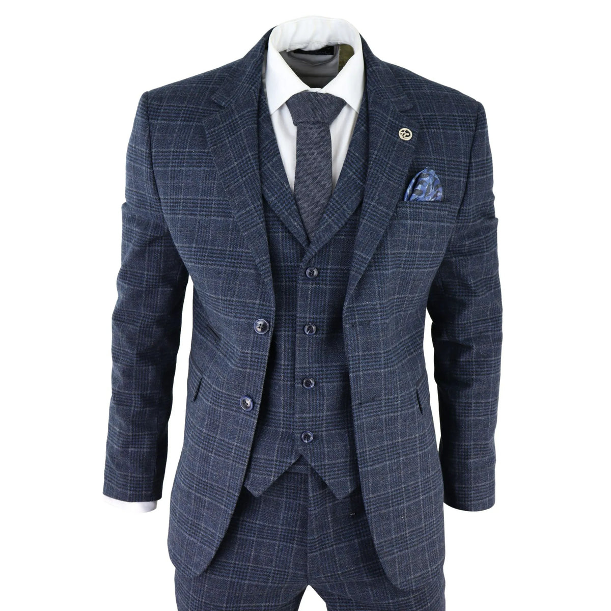 AK-13 - Men's Tweed 3 Piece Suit Blue Check 1920s Gatsby Blinders