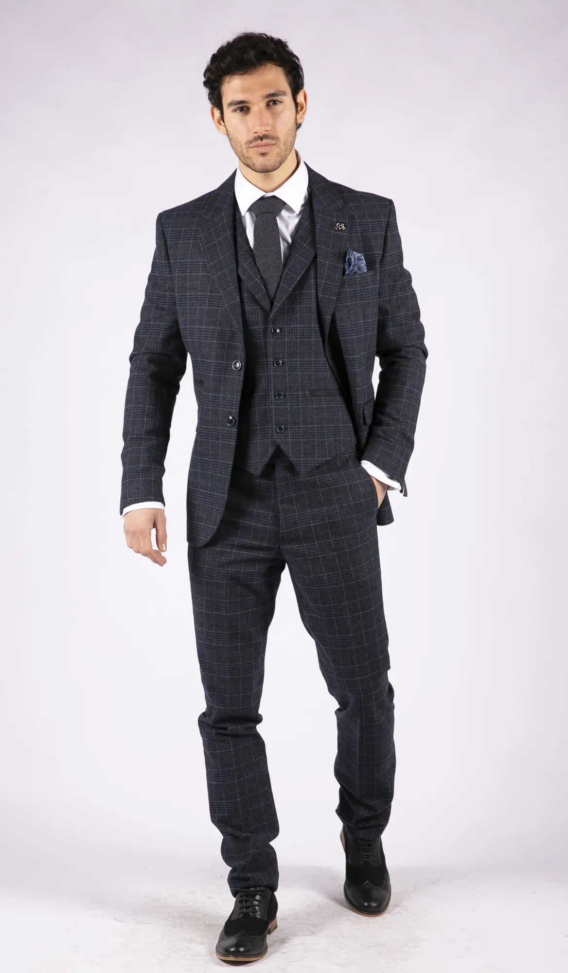 AK-13 - Men's Tweed 3 Piece Suit Blue Check 1920s Gatsby Blinders