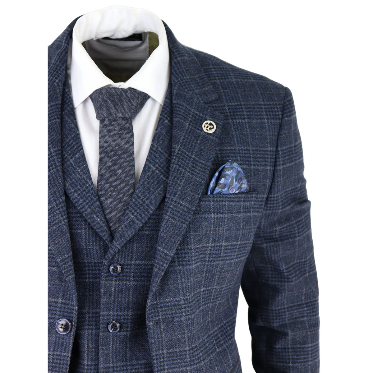 AK-13 - Men's Tweed 3 Piece Suit Blue Check 1920s Gatsby Blinders