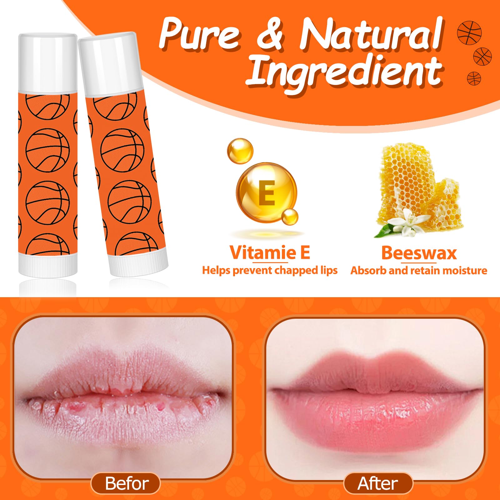 AKAIXI 24 Pack Basketball Lip Balm – Beeswax Moisturizing Vanilla Flavor, Bulk Party Gifts