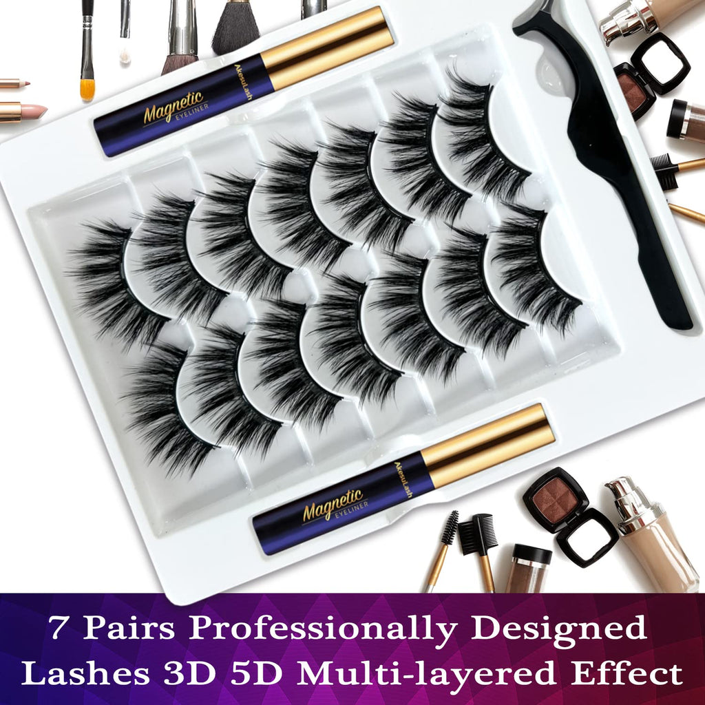 AkesuLash Magnetic Eyelashes – 7 Pairs + Eyeliner Kit (3D Round), Reusable