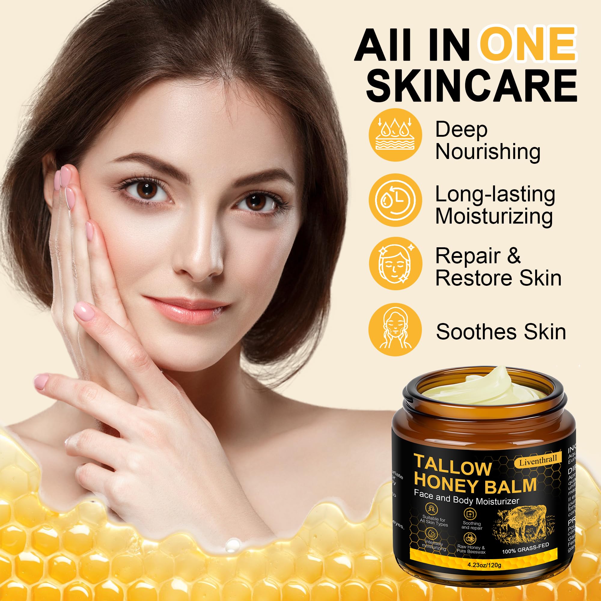 AKIICHI Organic Beef Tallow Honey Balm for Skin & Face – Unscented Whipped Moisturizer 4.2 oz