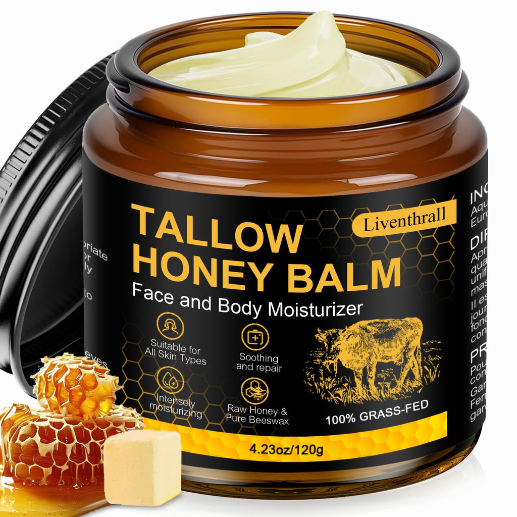 AKIICHI Organic Beef Tallow Honey Balm for Skin & Face – Unscented Whipped Moisturizer 4.2 oz