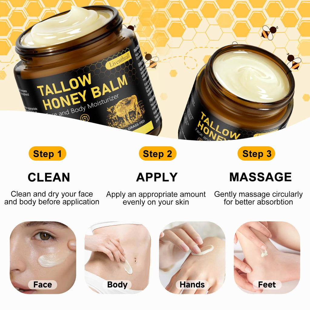 AKIICHI Organic Beef Tallow Honey Balm for Skin & Face – Unscented Whipped Moisturizer 4.2 oz