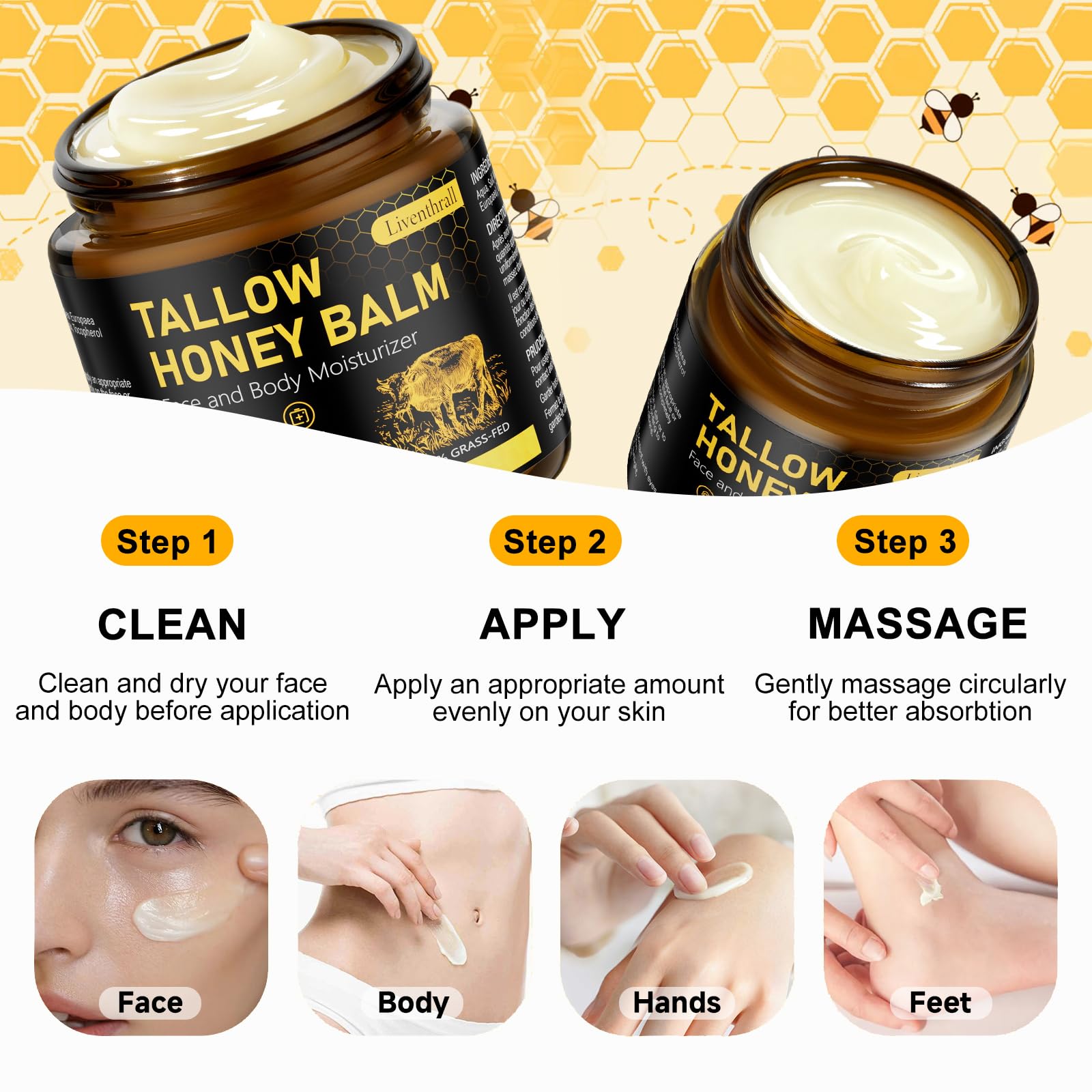 AKIICHI Organic Beef Tallow Honey Balm for Skin & Face – Unscented Whipped Moisturizer 4.2 oz
